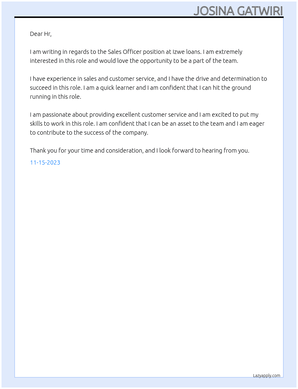 Sales Officer  At Izwe loans Cover Letter