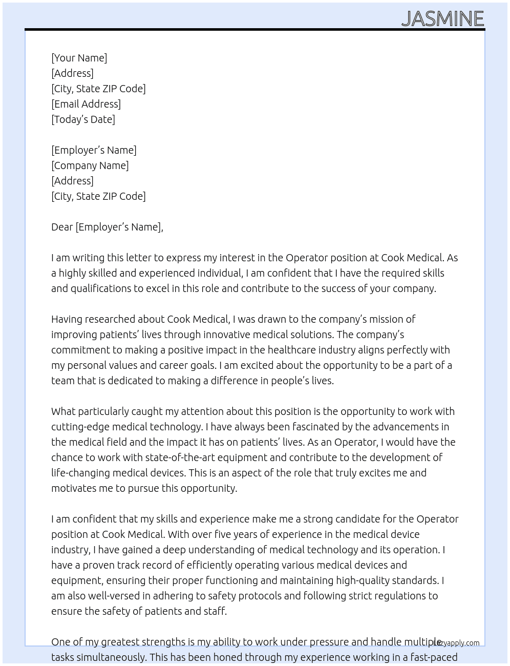 Operator At Cook Medical Cover Letter