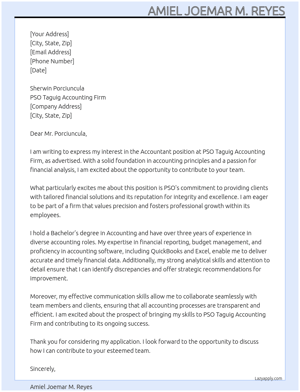 Accountant At PSO Taguig Accounting Firm Cover Letter