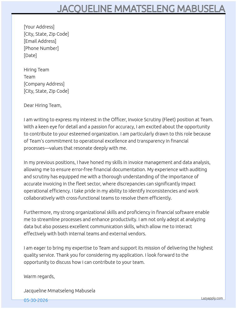 Officer, Invoice Scrutiny (Fleet) At Team Cover Letter