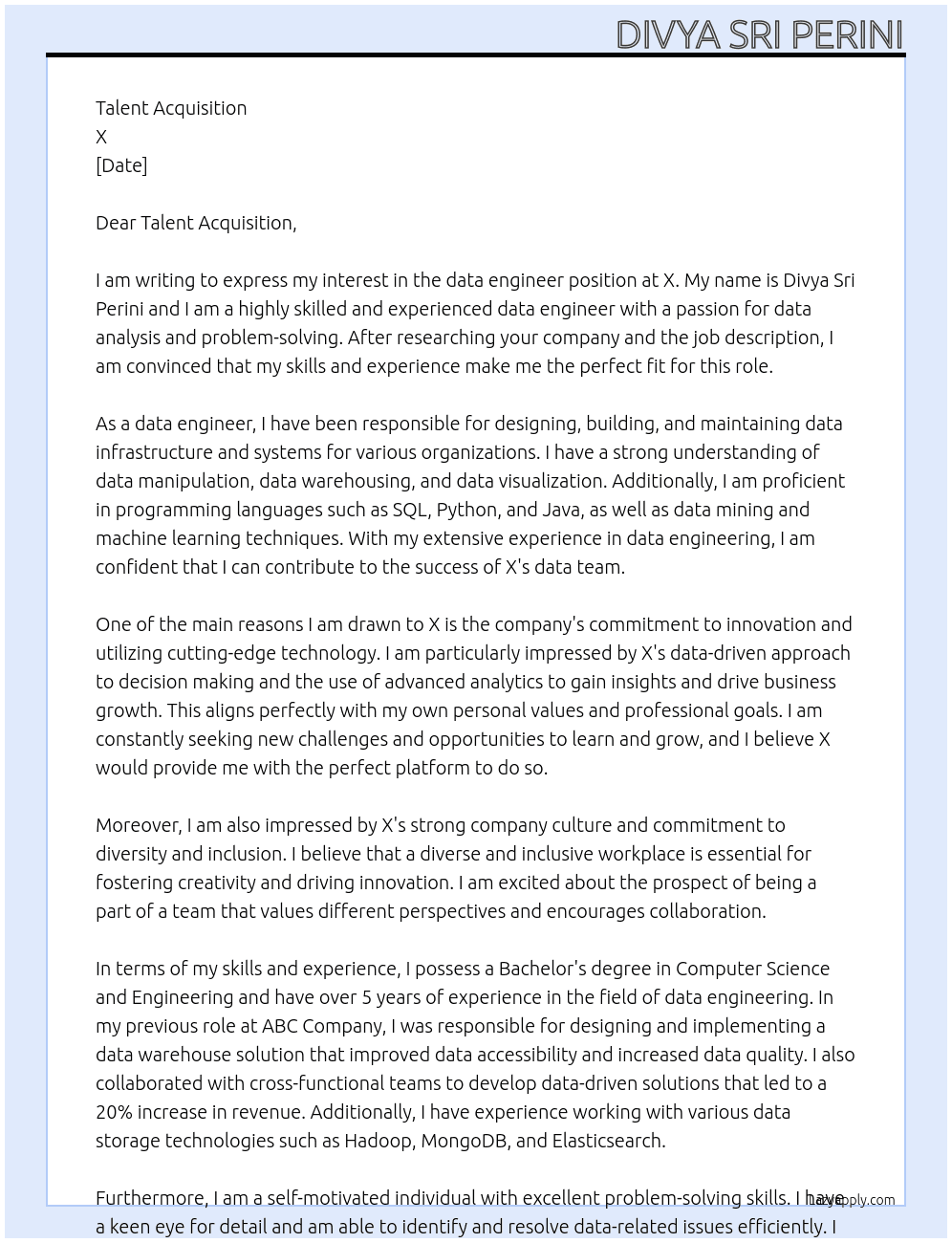 data engineer At X Cover Letter