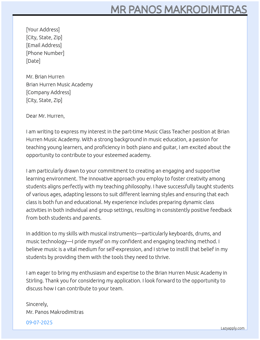 Music Class Teacher At Brian Hurren Music Academy Cover Letter