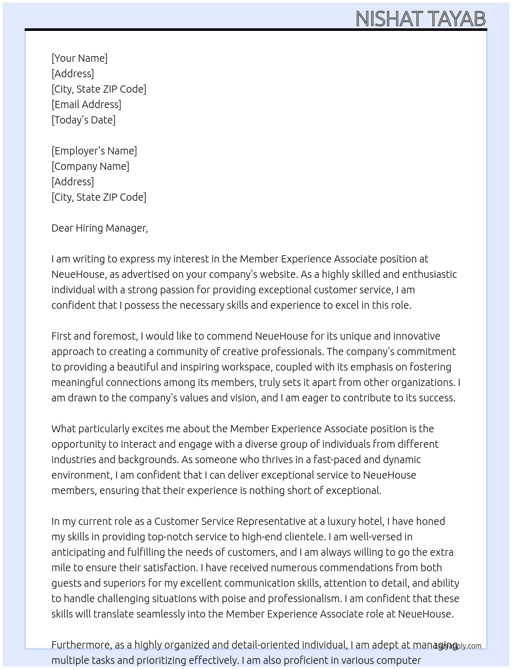 Member Experience Associate At NeueHouse Cover Letter