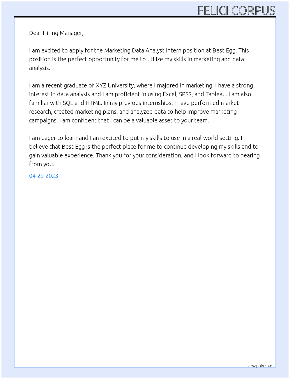 Marketing Data Analyst Intern At Best Egg Cover Letter