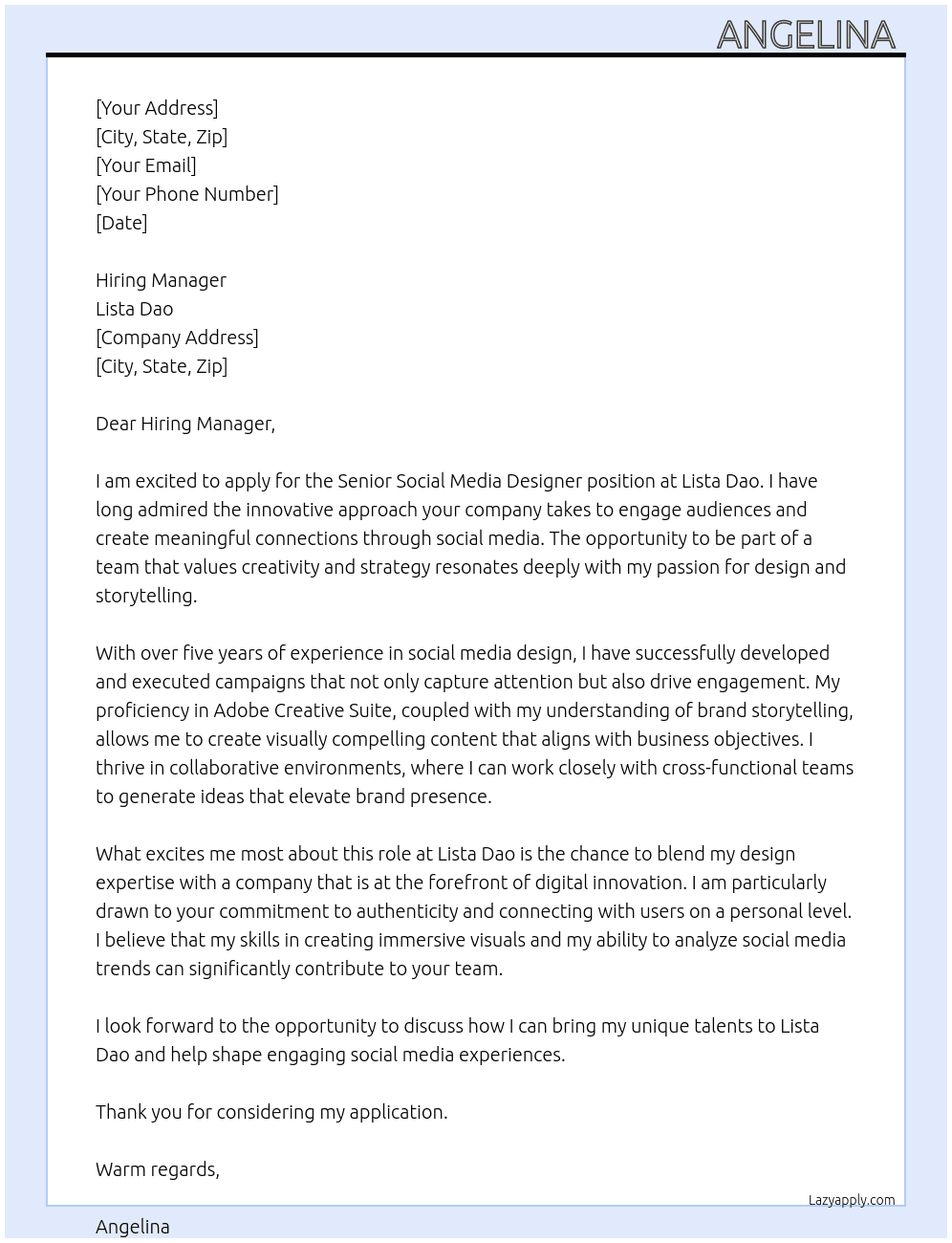 Cover letter for senior social media designer - LazyApply