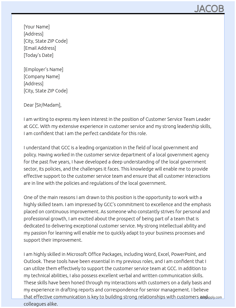 Customer Service Team Leader At GCC Cover Letter