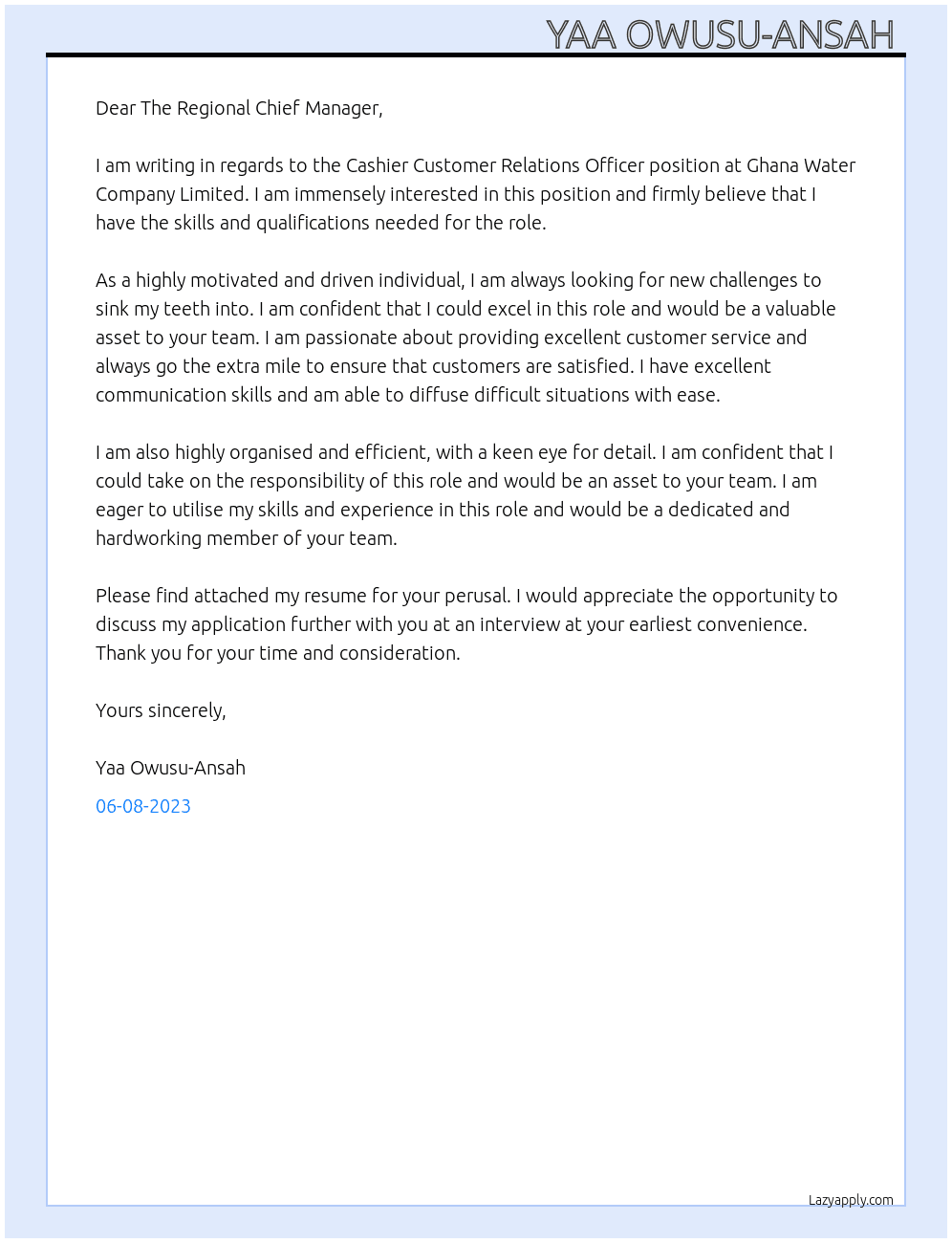 Cashier customer relations officer  At Ghana Water Company Limited Cover Letter