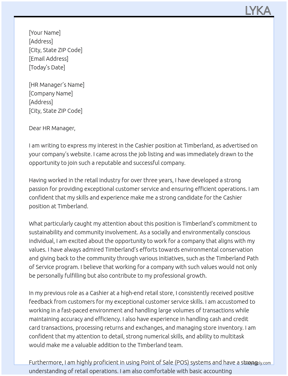 cashier At timberland Cover Letter