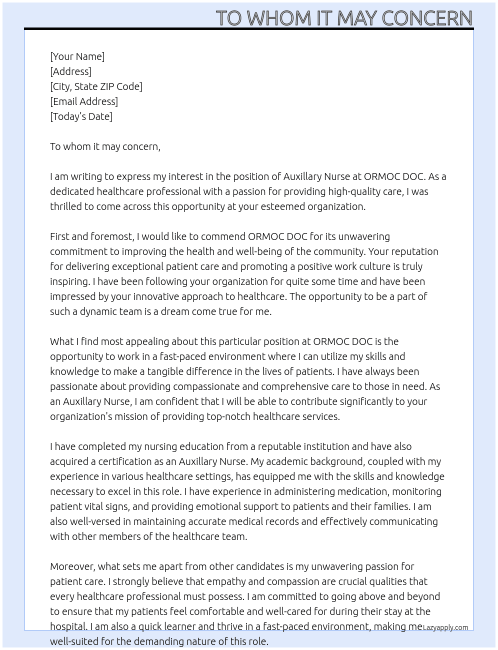 Auxillary nurse  At ORMOC DOC  Cover Letter