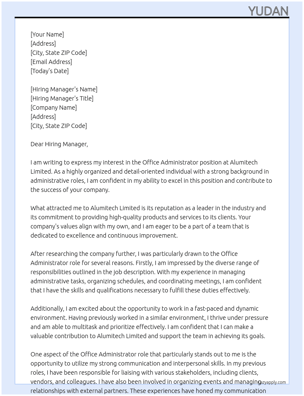 Office Administrator At Alumitech Limited Cover Letter