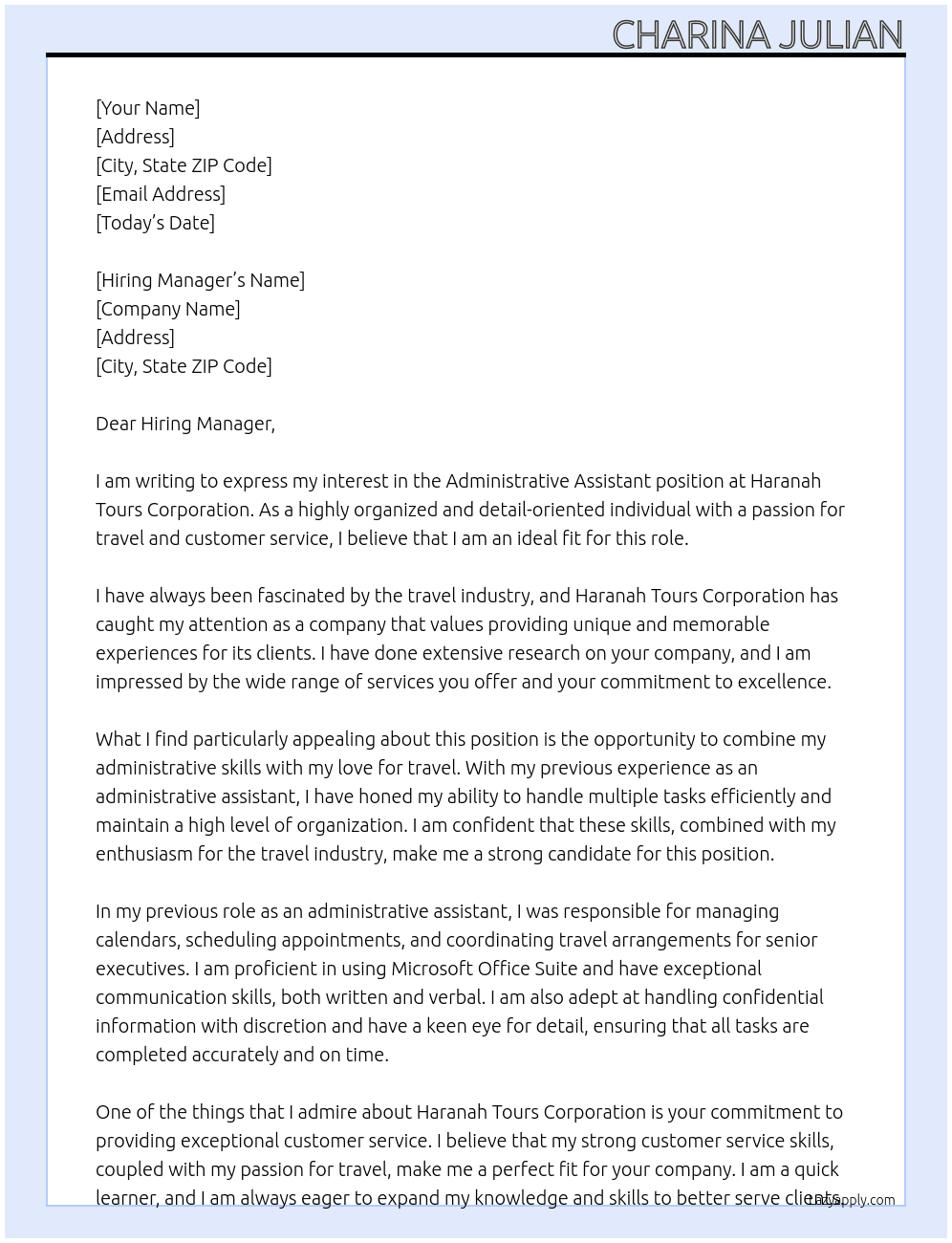administrative assistant At Haranah Tours Corporation Cover Letter