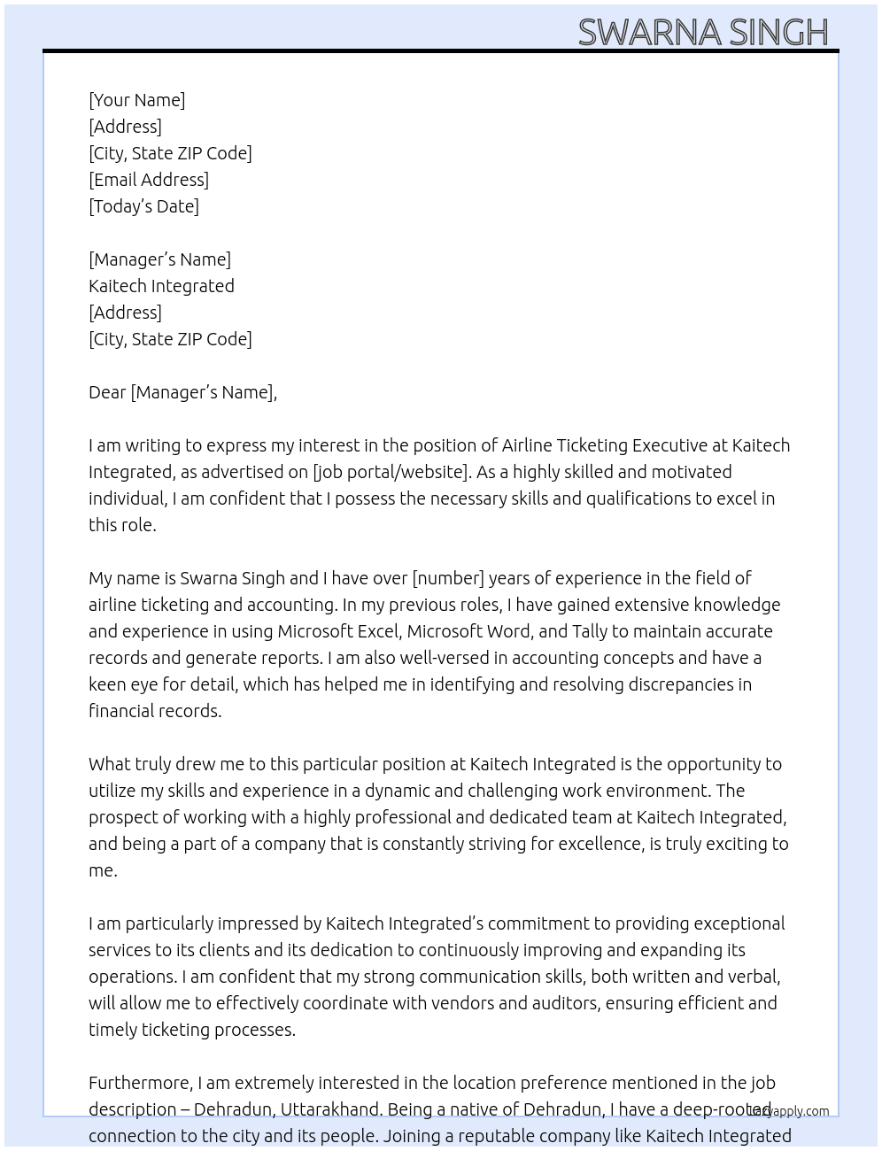 Airline ticketing executive  At Kaitech integrated  Cover Letter