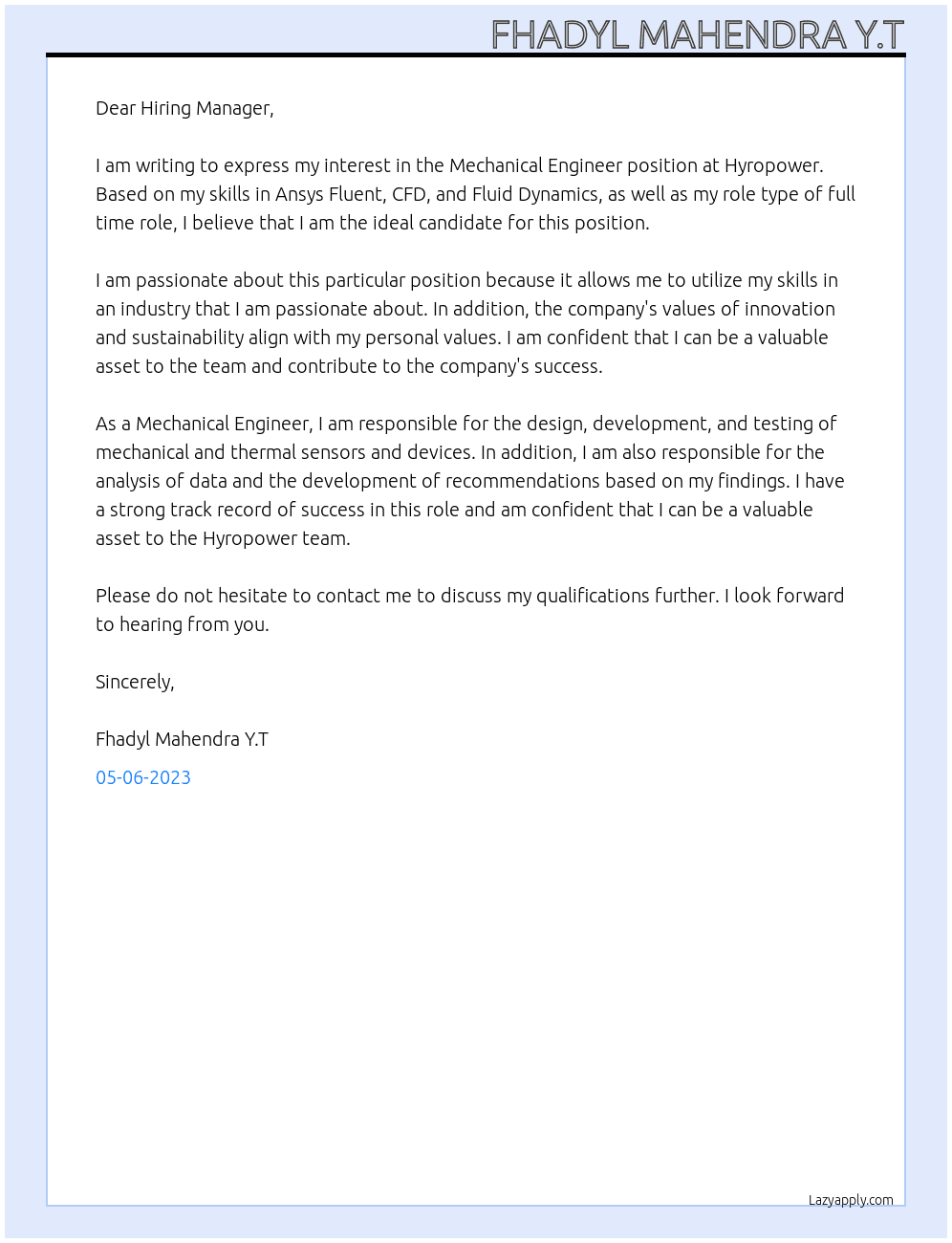 Mechanical Engineer At hyropower Cover Letter