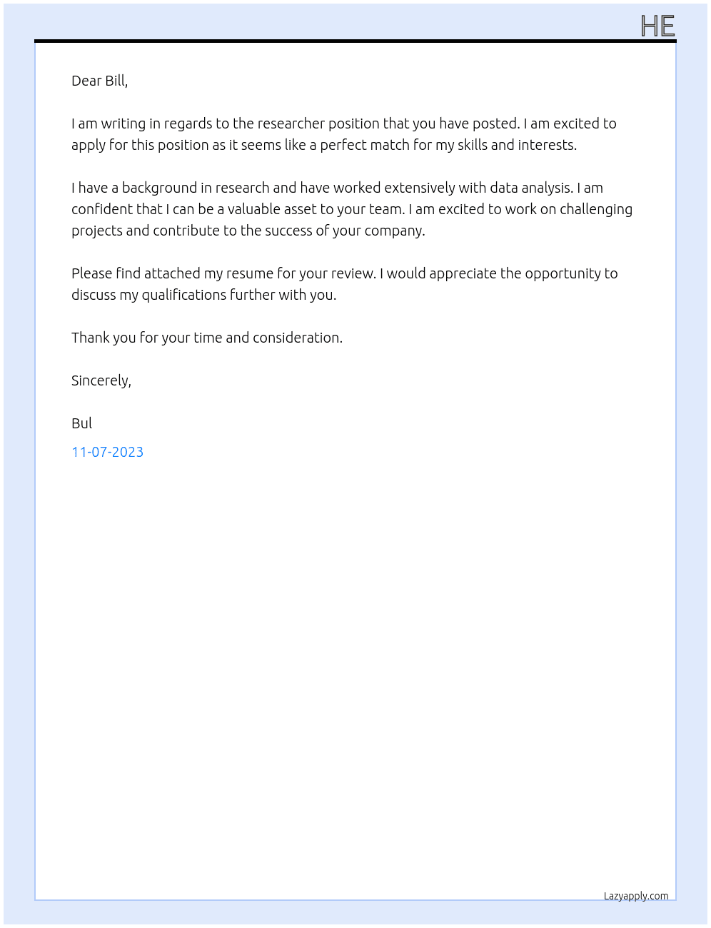 Researcher At Bill Cover Letter