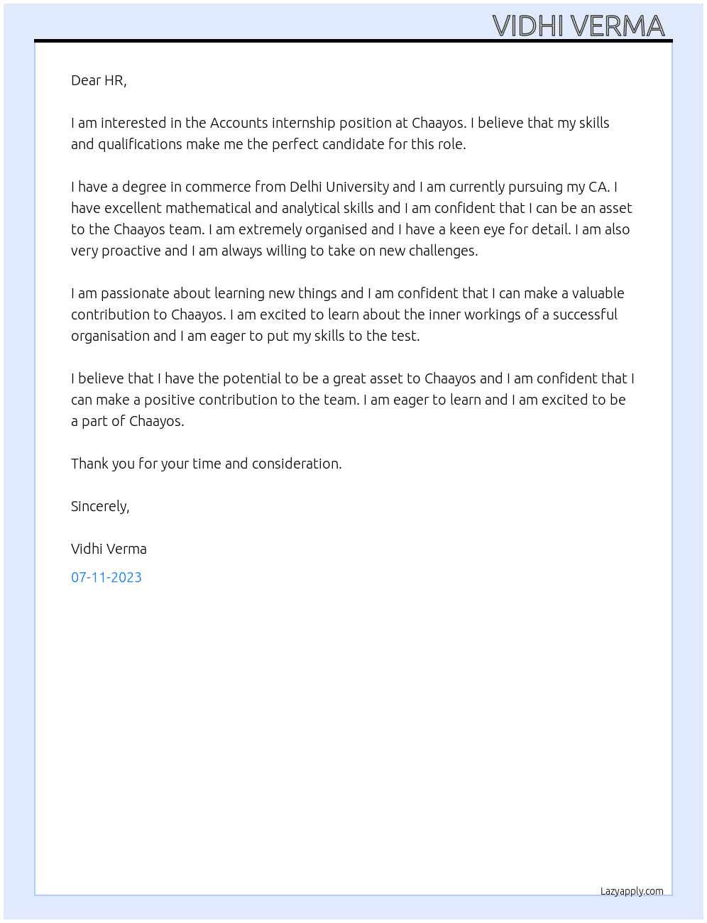 Accounts internship At Chaayos Cover Letter