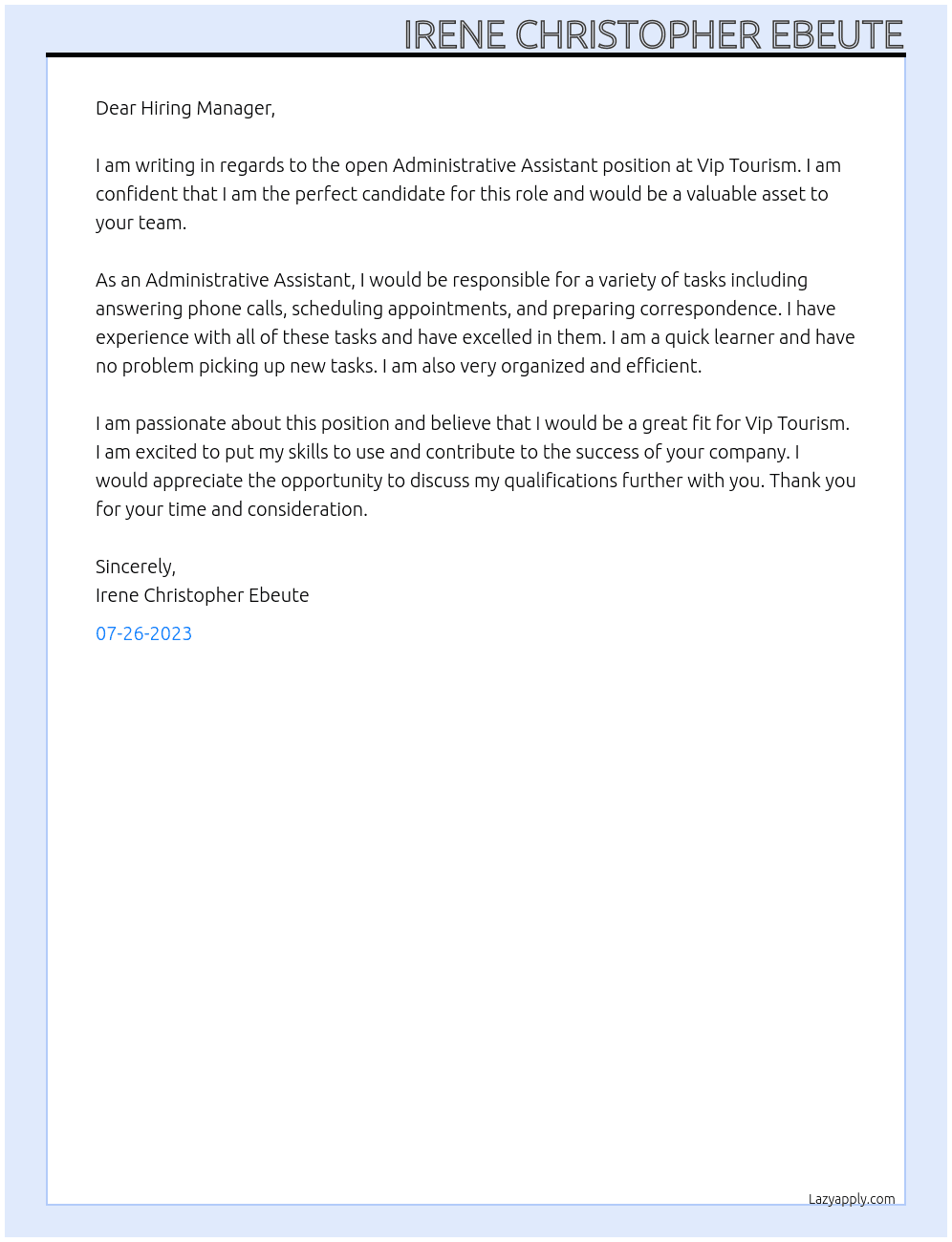 Administrative Assistant  At Vip Tourism Cover Letter