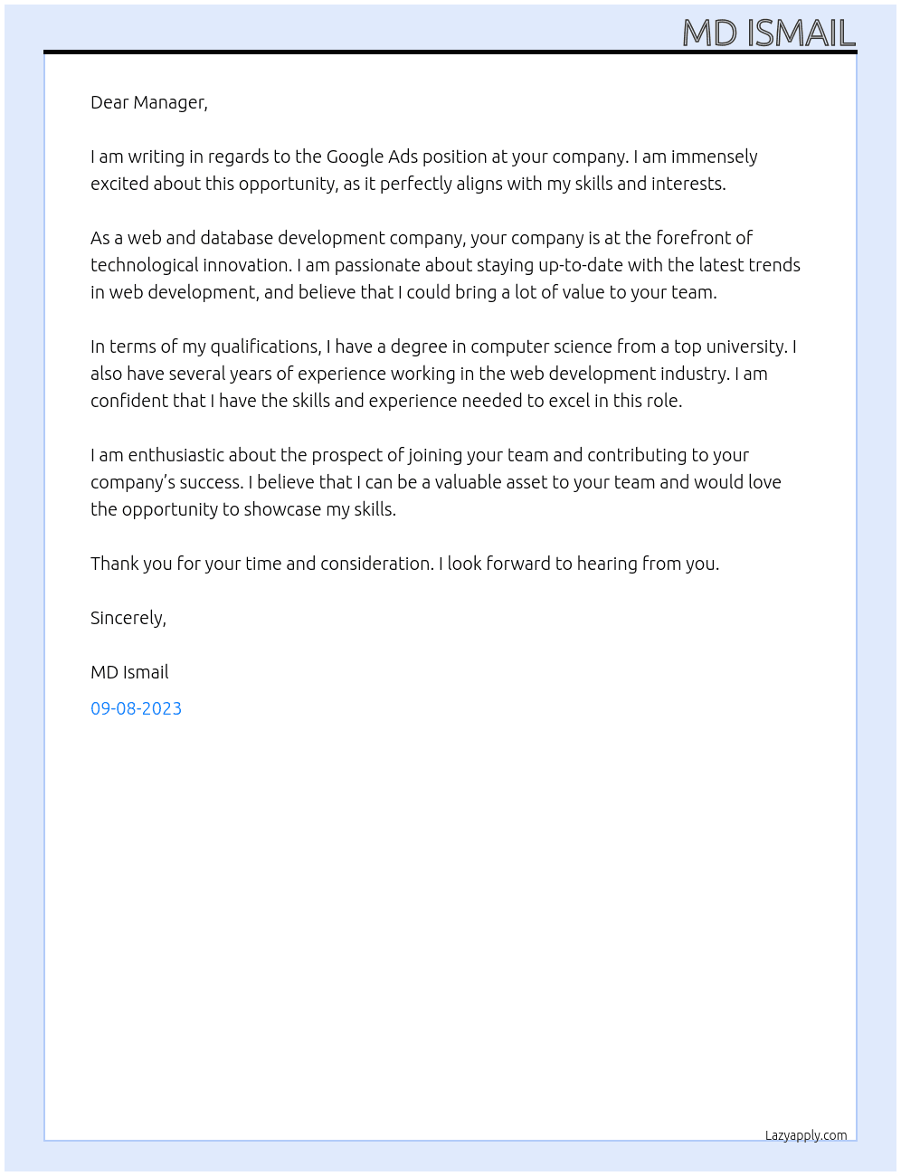 Google ads At Web and database development company Cover Letter