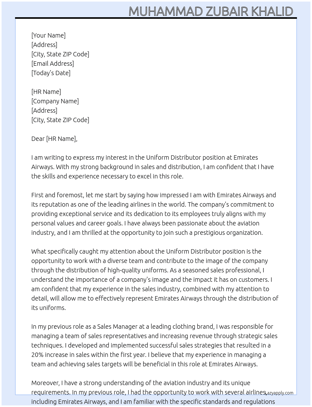 Uniform Distributor At Emirates Airways Cover Letter