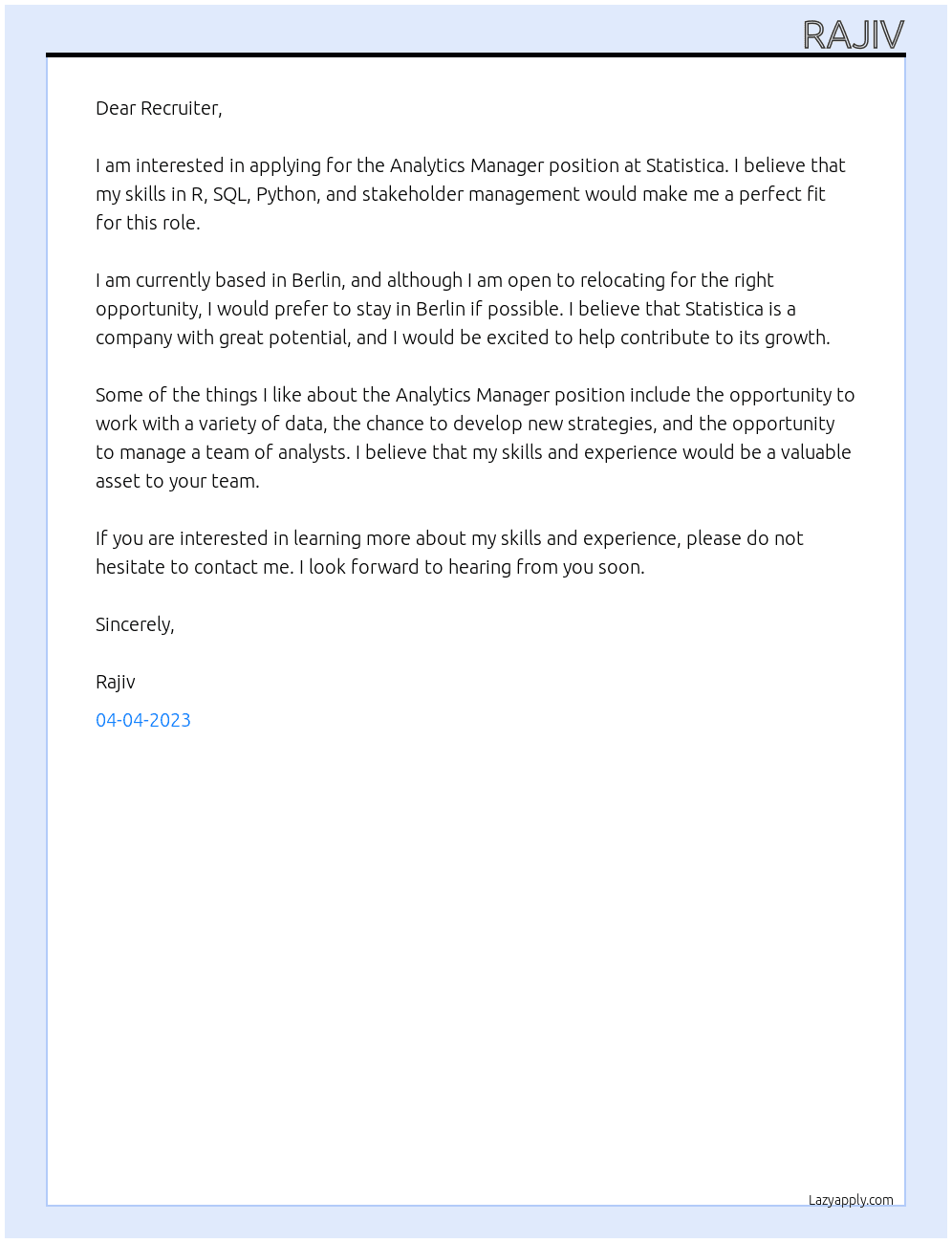 Analytics Manager At Statistica Cover Letter