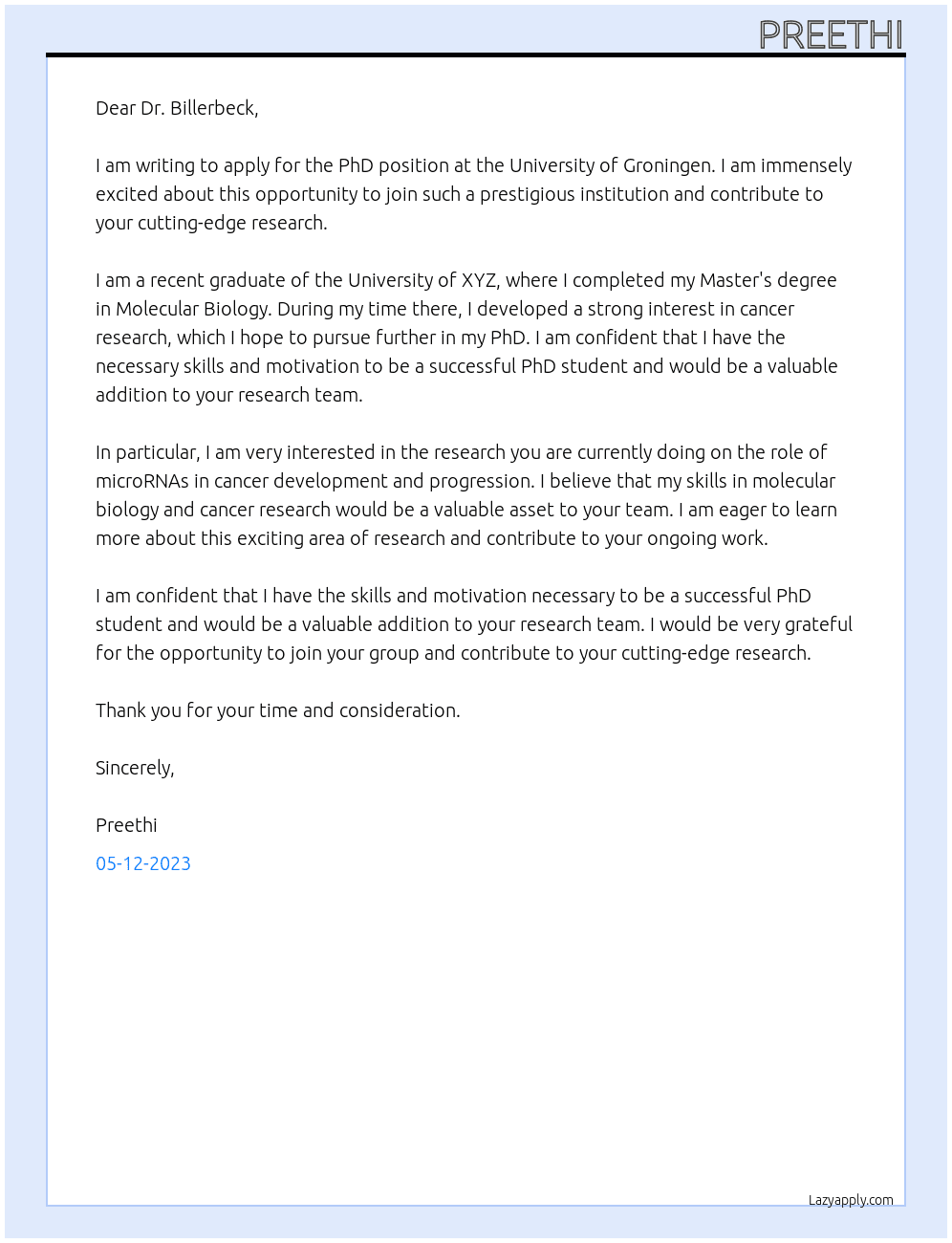 PhD position At University of Groningen Cover Letter
