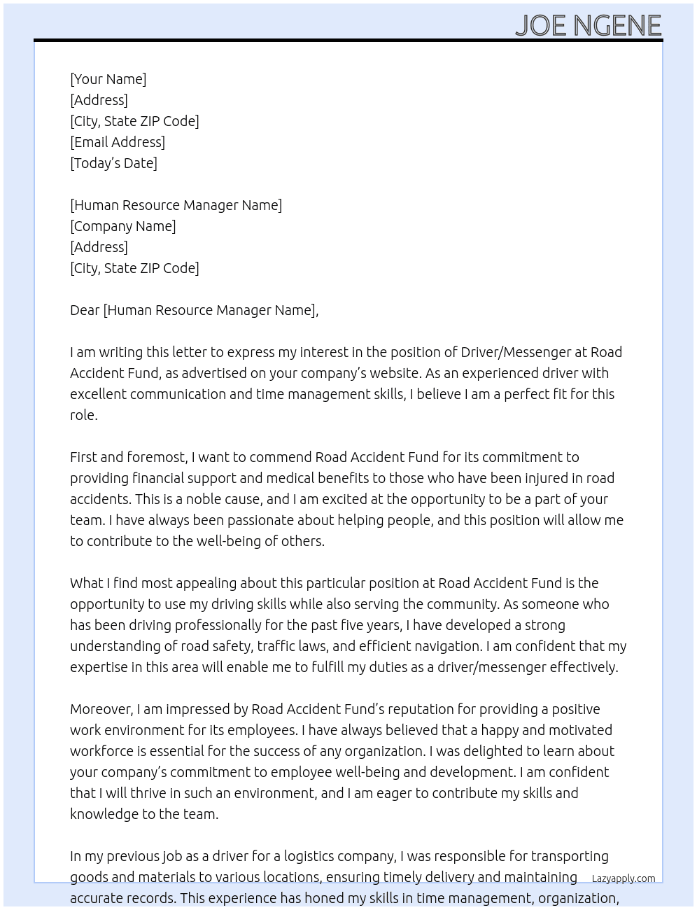 driver/messenger At road accident fund Cover Letter