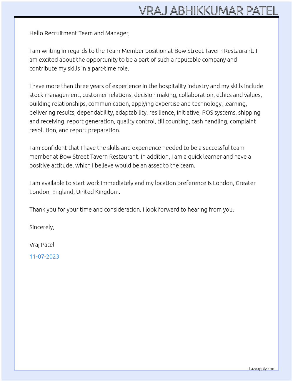 Team Member At Bow Street Tavern Restaurant Cover Letter