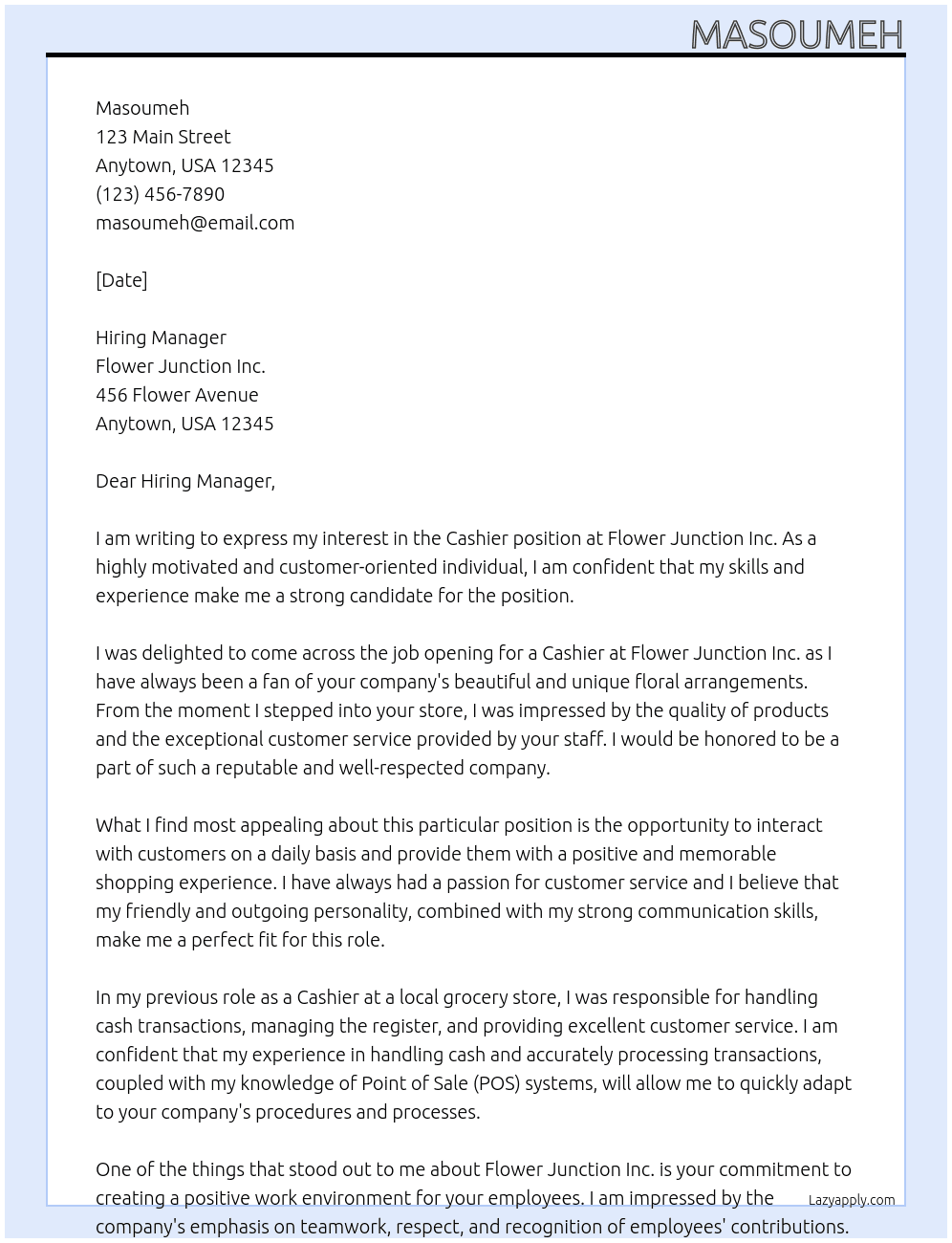 Cashier At Flower junction inc Cover Letter