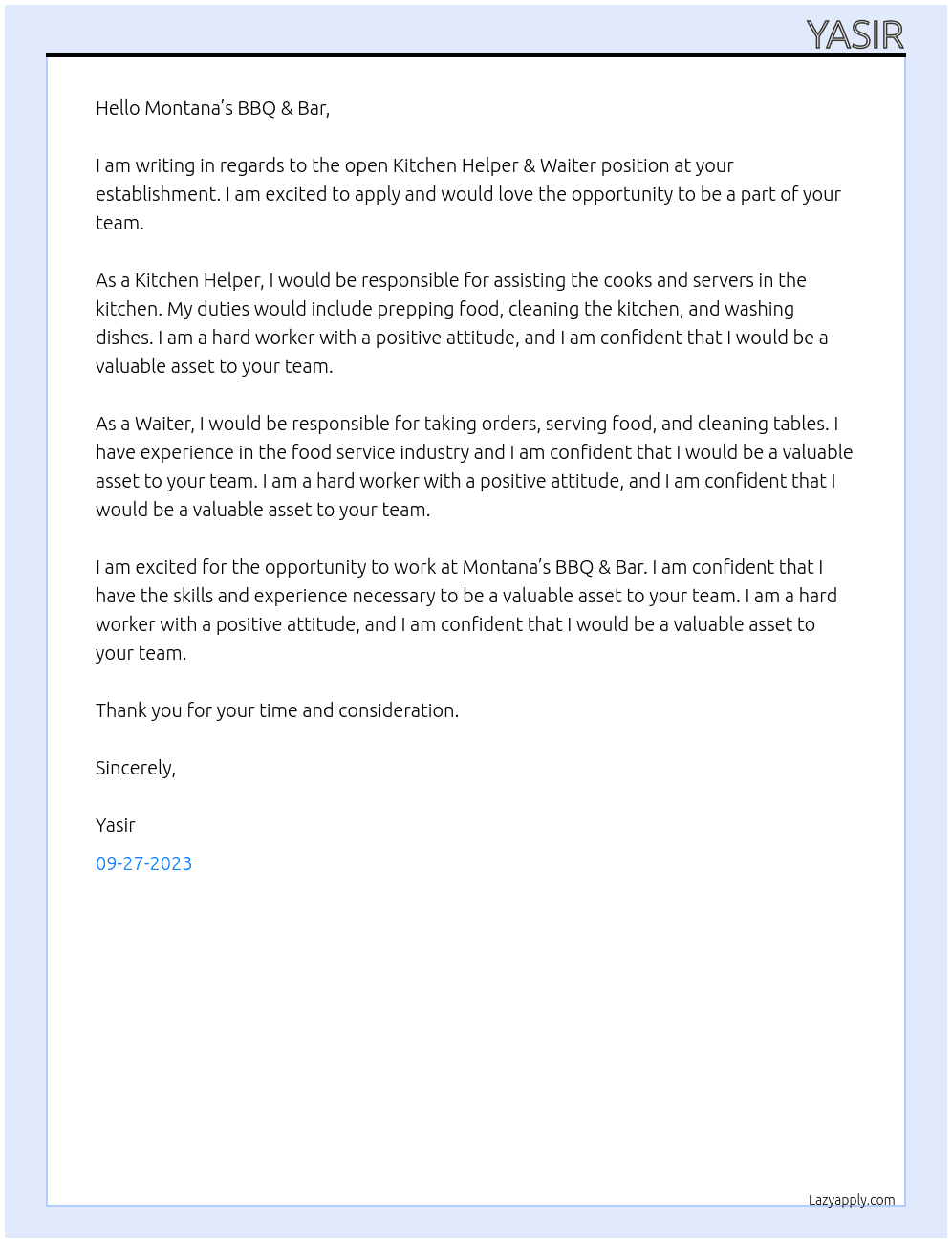 Kitchen Helper & waiter At MONTANA’S BBQ & BAR Cover Letter