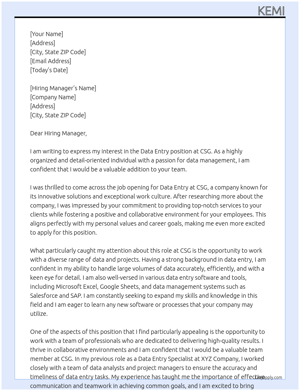 Data entry  At csg Cover Letter