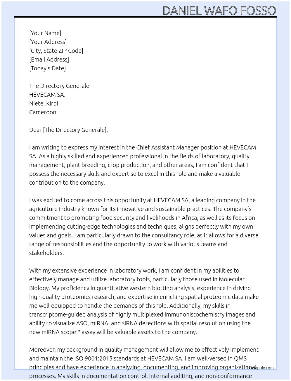Chief assistant manager  At HEVECAM SA. Cover Letter