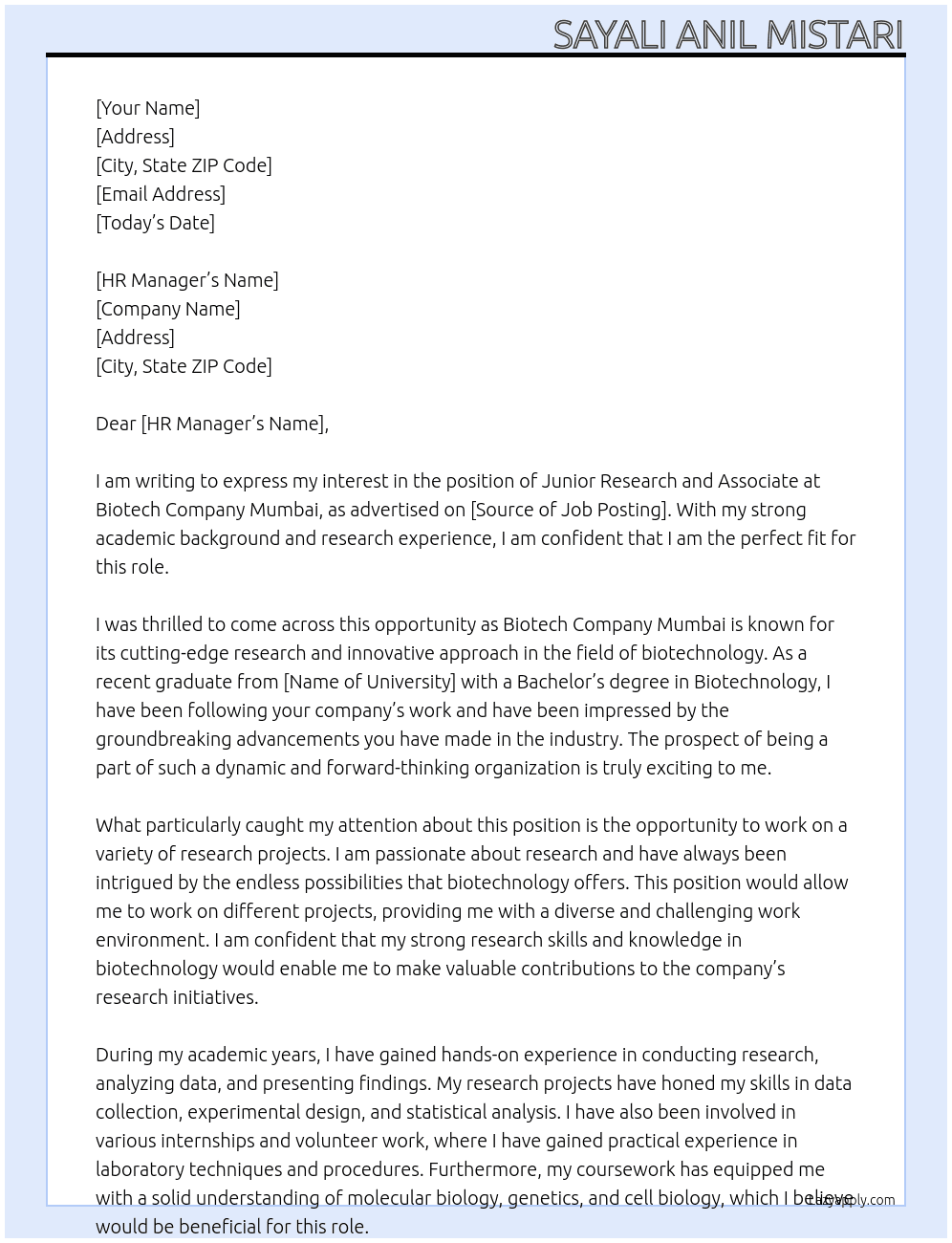Junior Research And Associate At Biotech Company Mumbai Cover Letter
