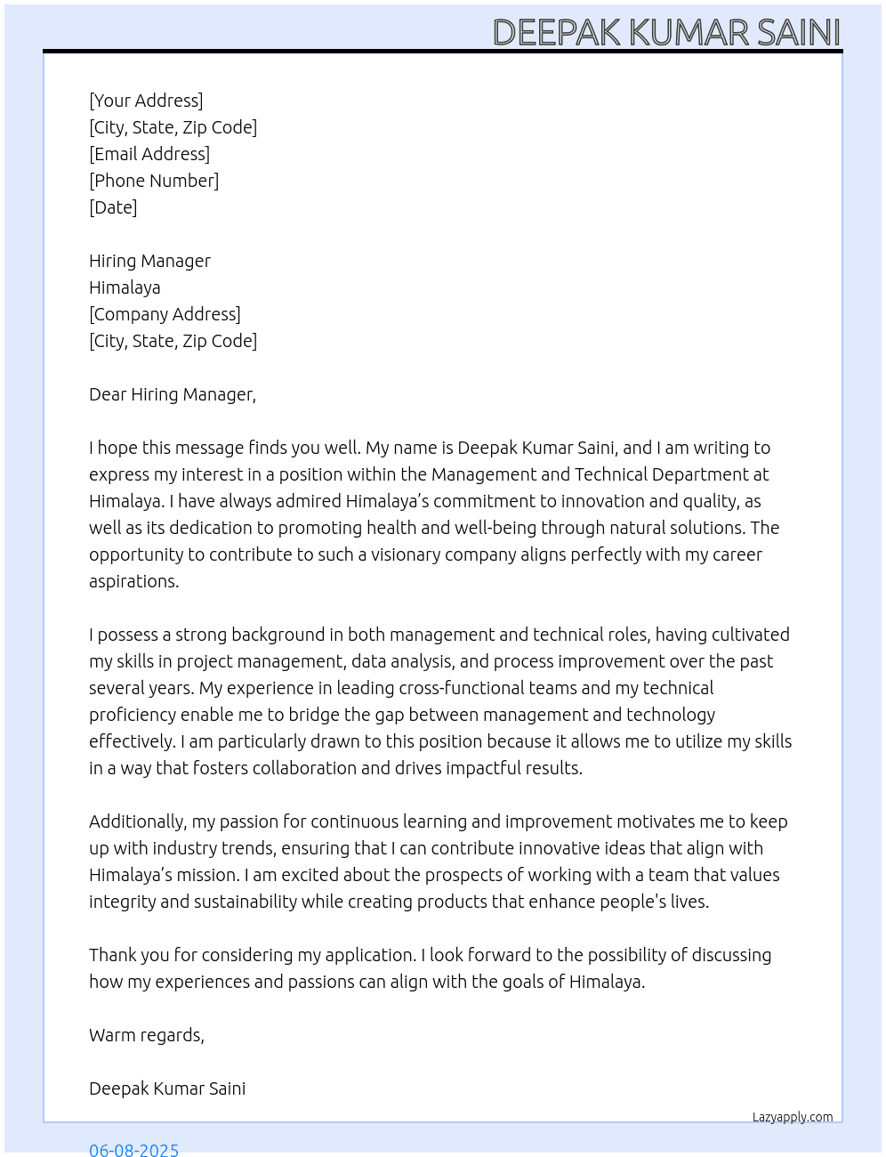 Management and technical department  At Himalaya Cover Letter