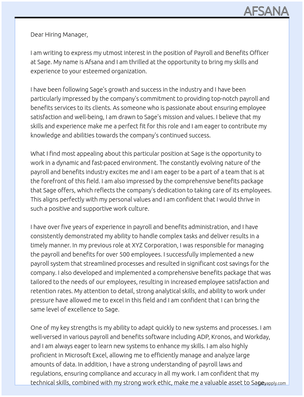 payroll and benefits officer At Sage Cover Letter