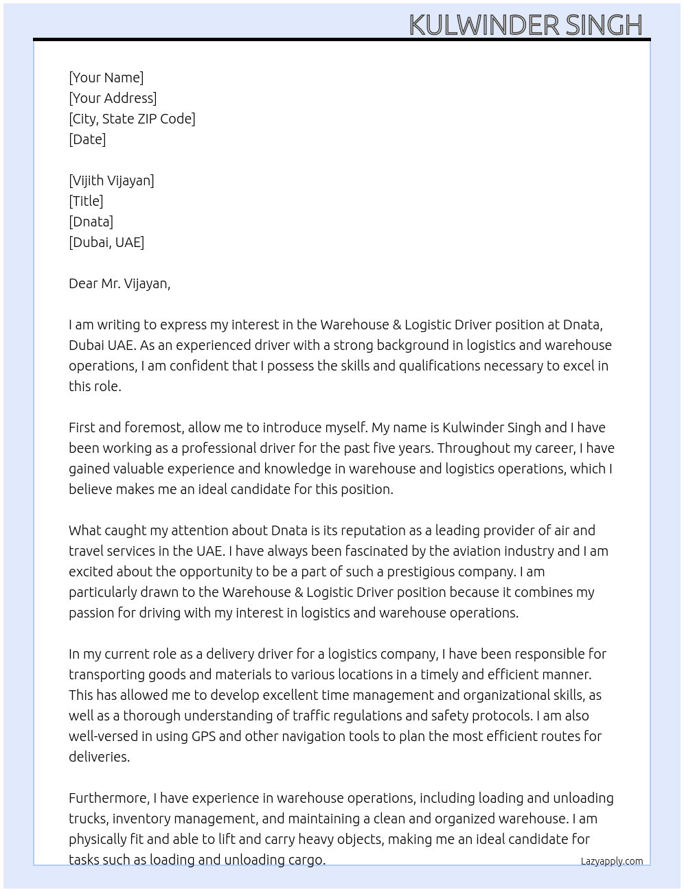 Warehouse & logistic driver  At Dnata, Dubai UAE  Cover Letter