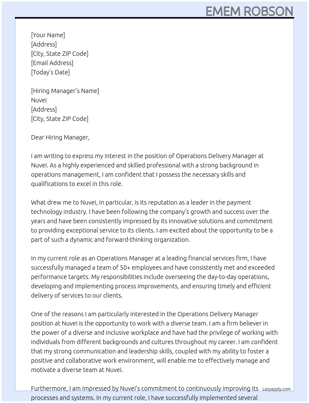 Operations Delivery Manager At Nuvei Cover Letter