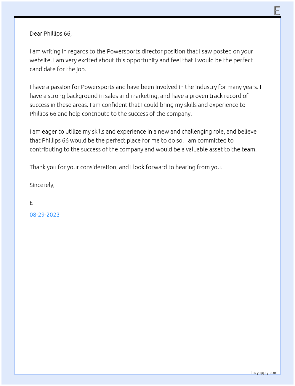 Powersports director  At Phillips 66 Cover Letter