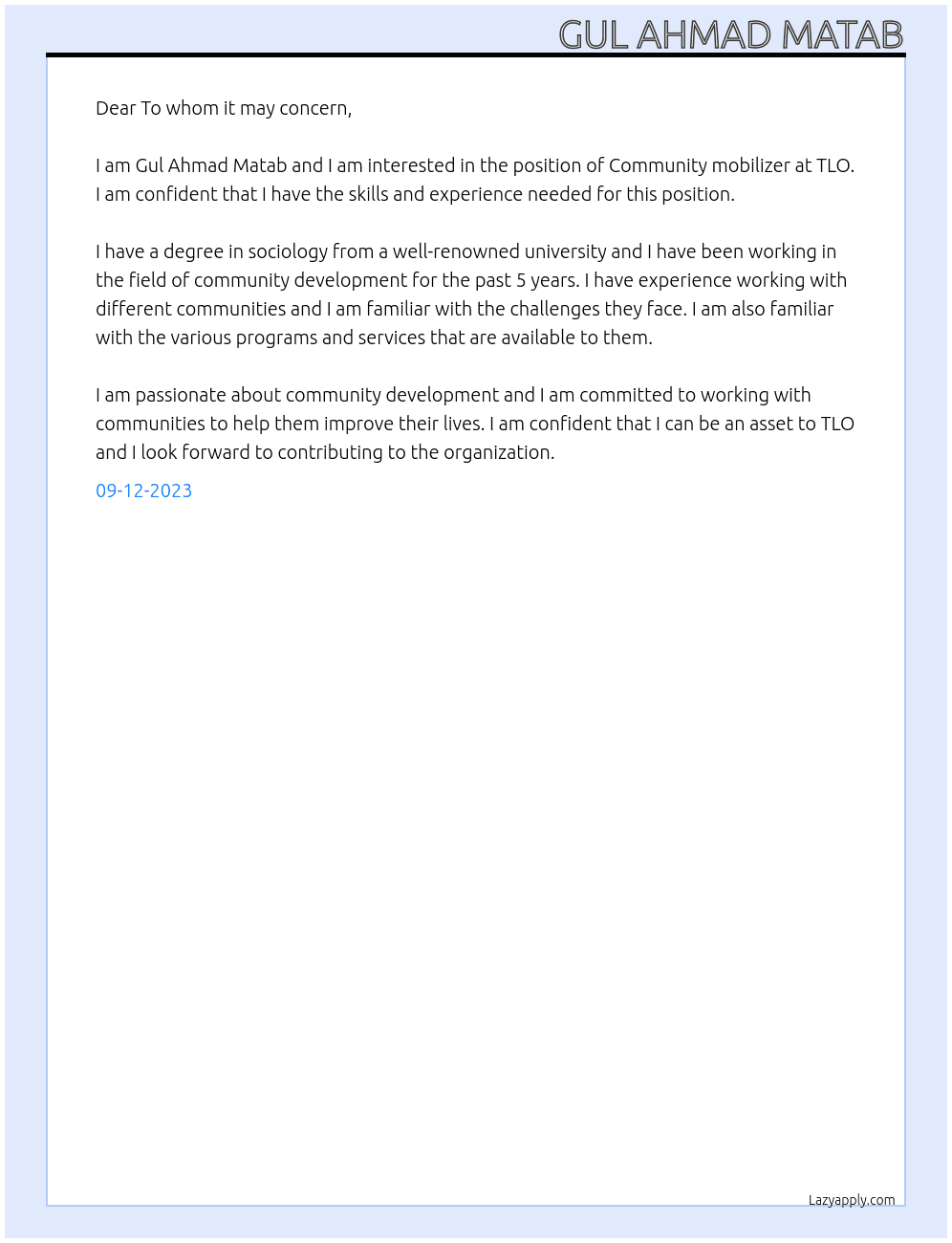 Community mobilizer At TLO Cover Letter