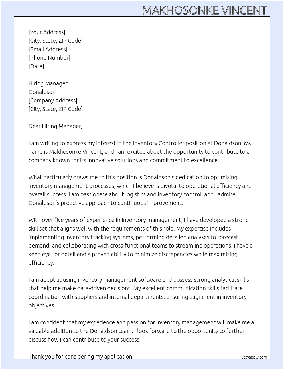 Inventory controller At Donaldson  Cover Letter