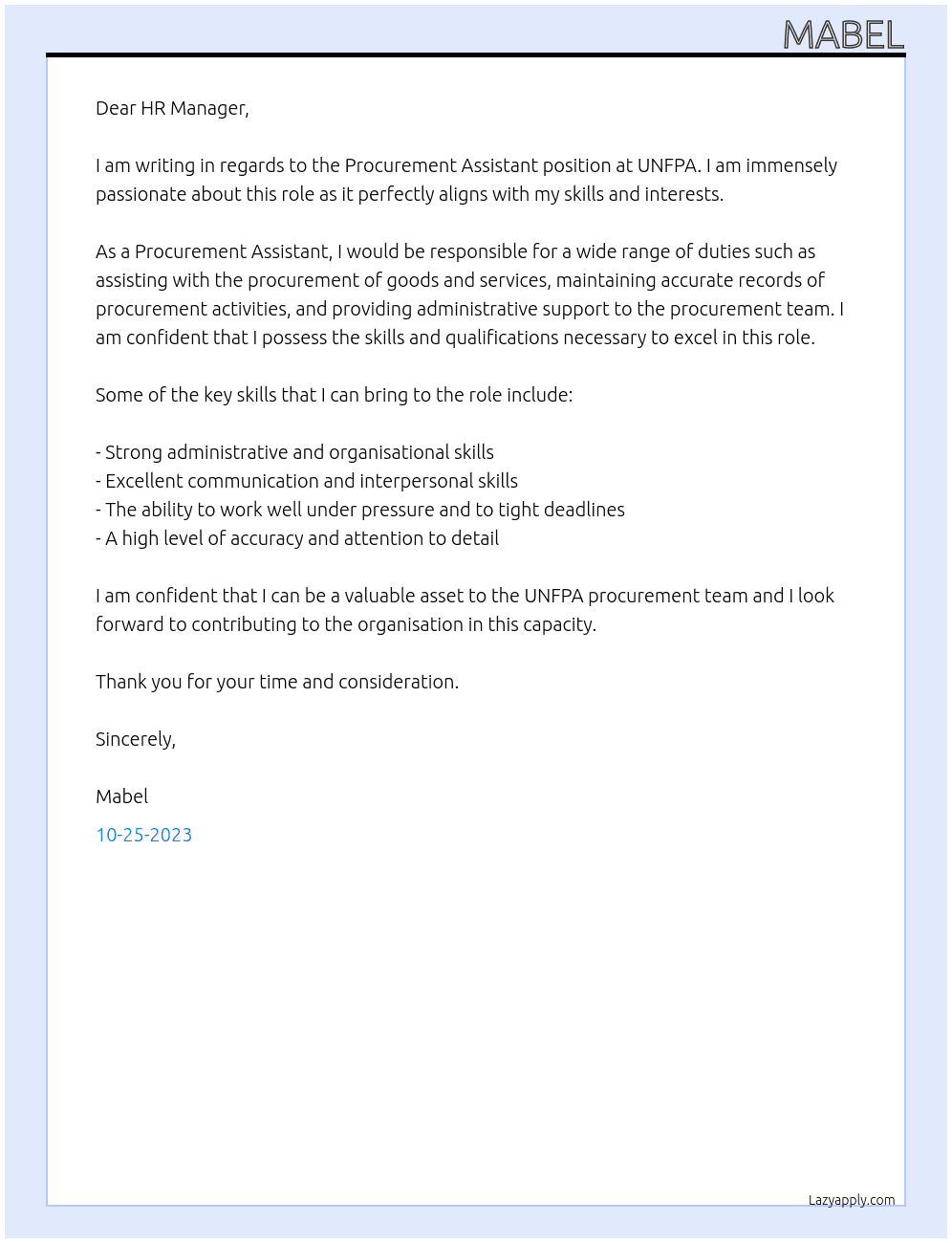Procurement assistant  At UNFPA Cover Letter
