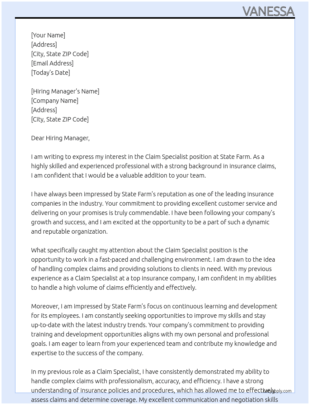claim specialist At state farm Cover Letter