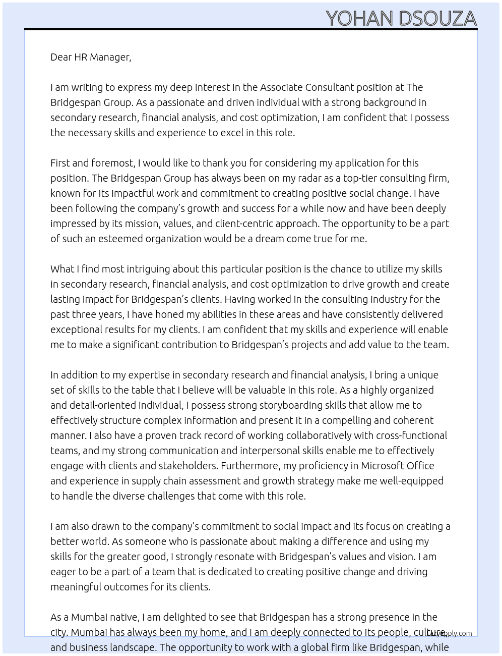 Associate Consultant At The Bridgespan Group Cover Letter