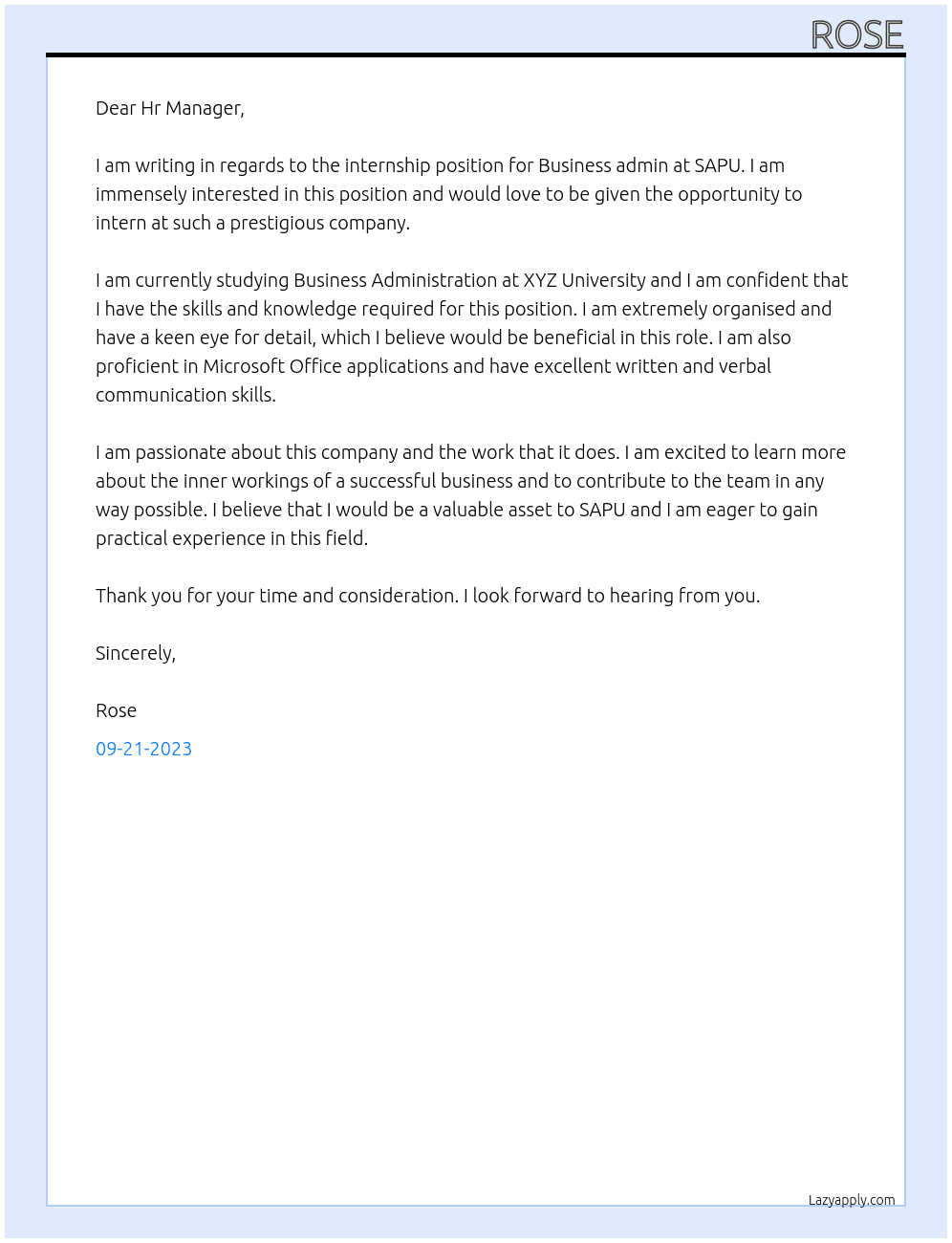internship Business admin At SAPU Cover Letter