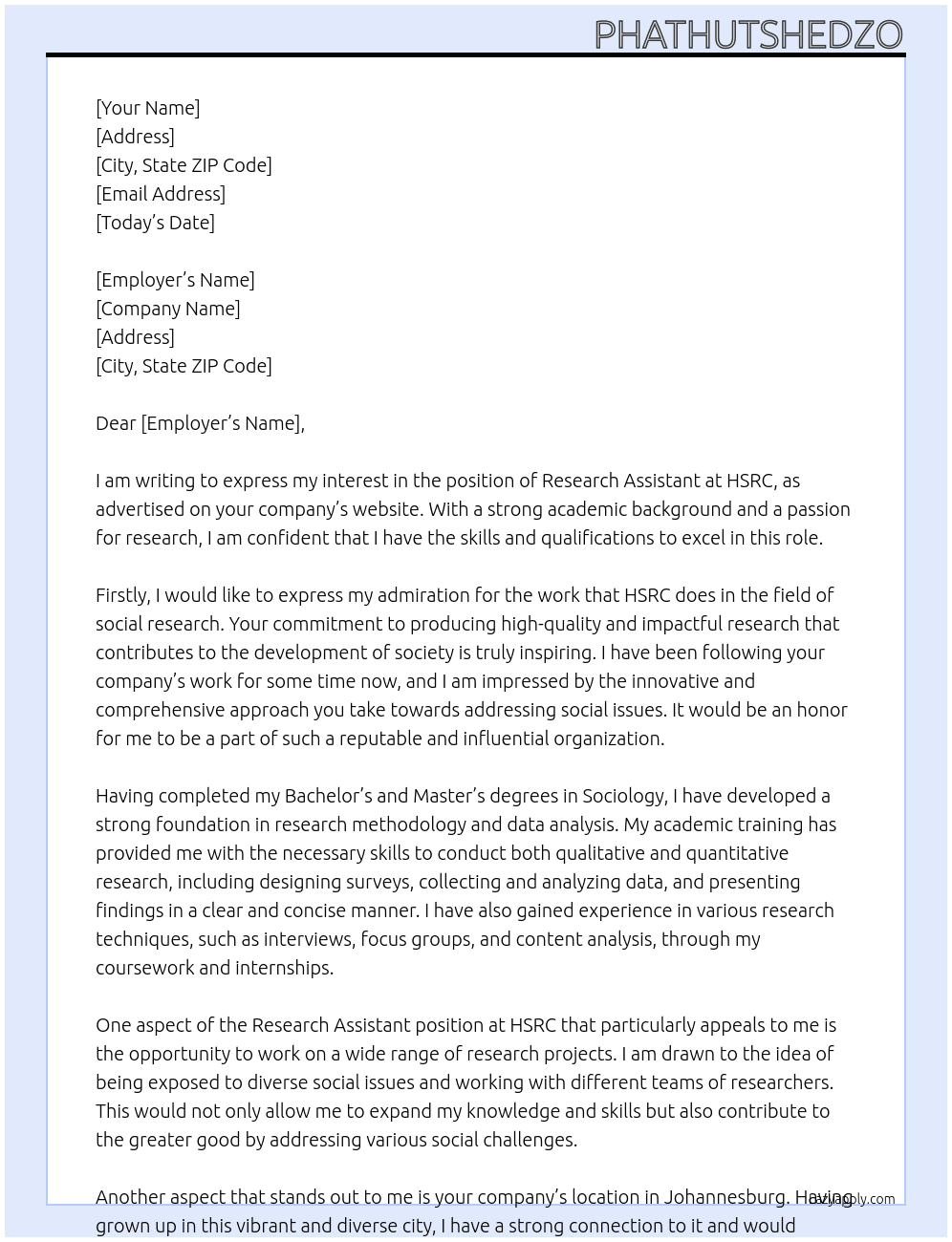 Research assistant  At Hsrc Cover Letter