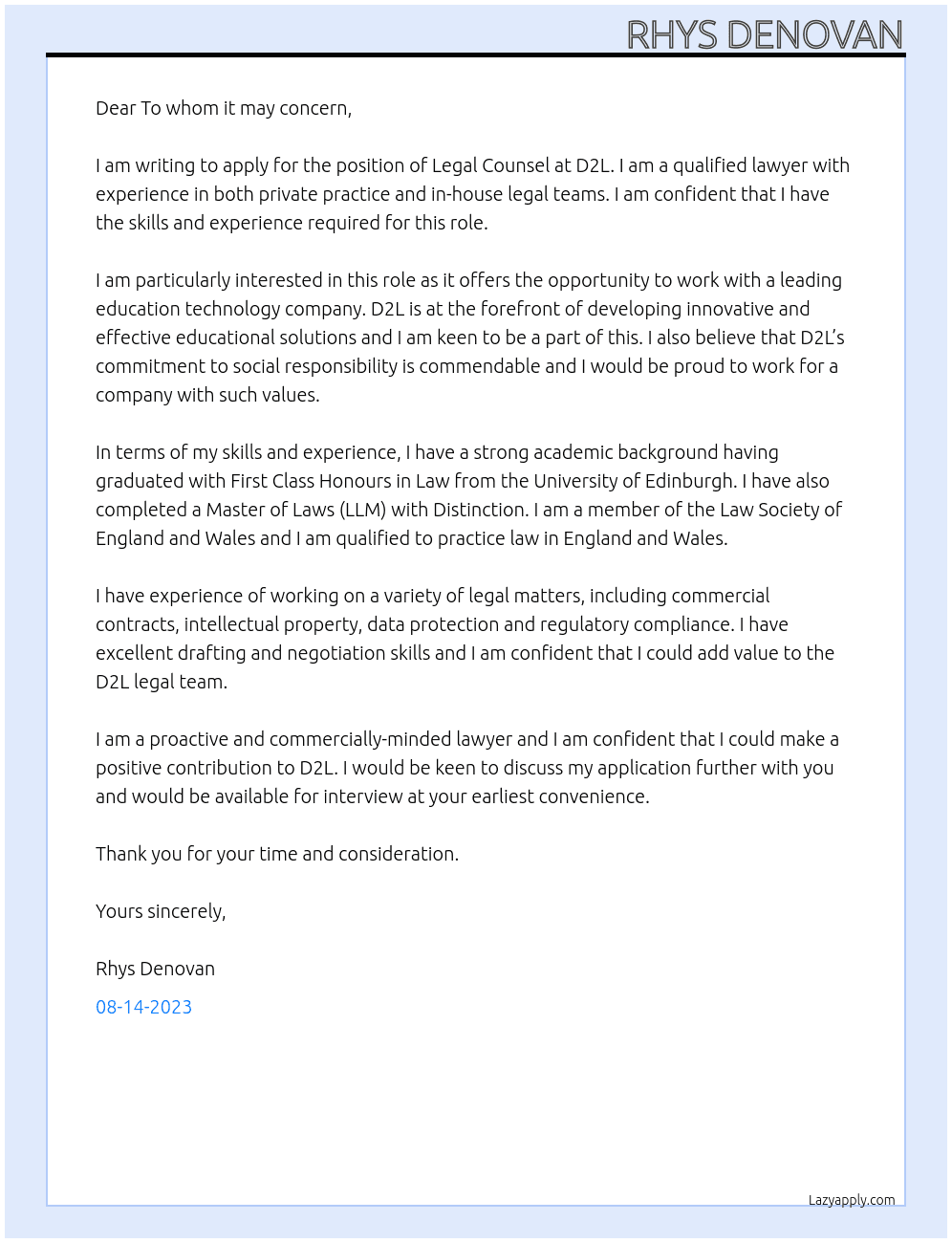 Legal Counsel At D2L Cover Letter
