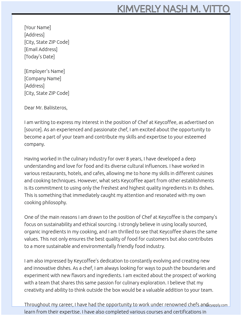 Chef At Keycoffee Cover Letter