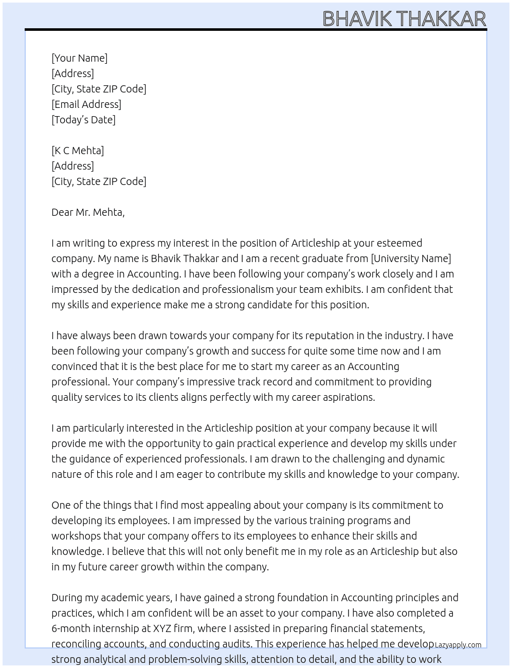 Articleship  At K C Mehta Cover Letter