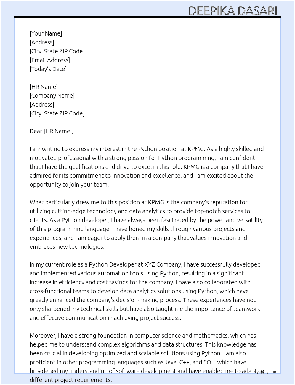 Python  At KPMG Cover Letter