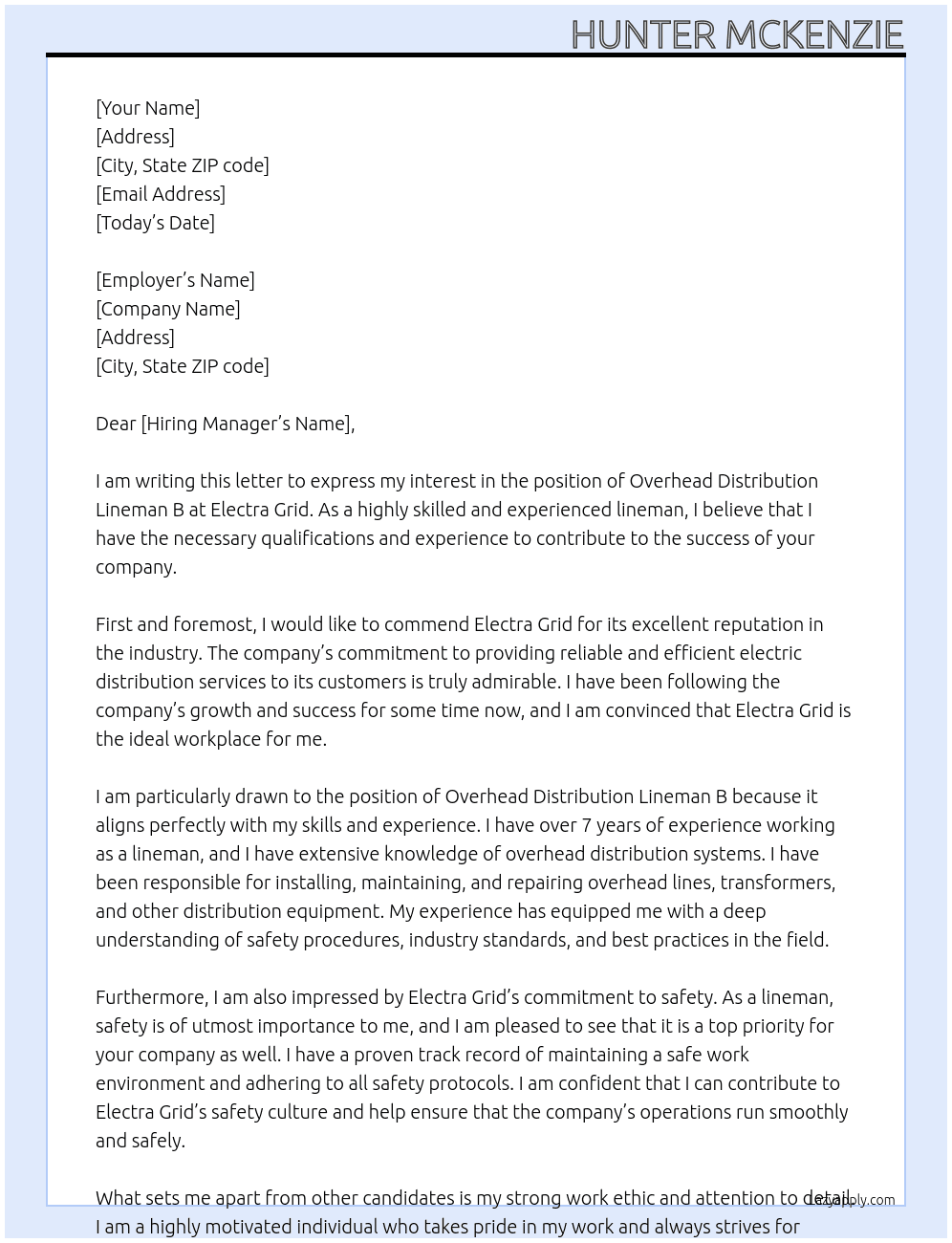 Overhead Distribution Lineman B At Electra Grid Cover Letter