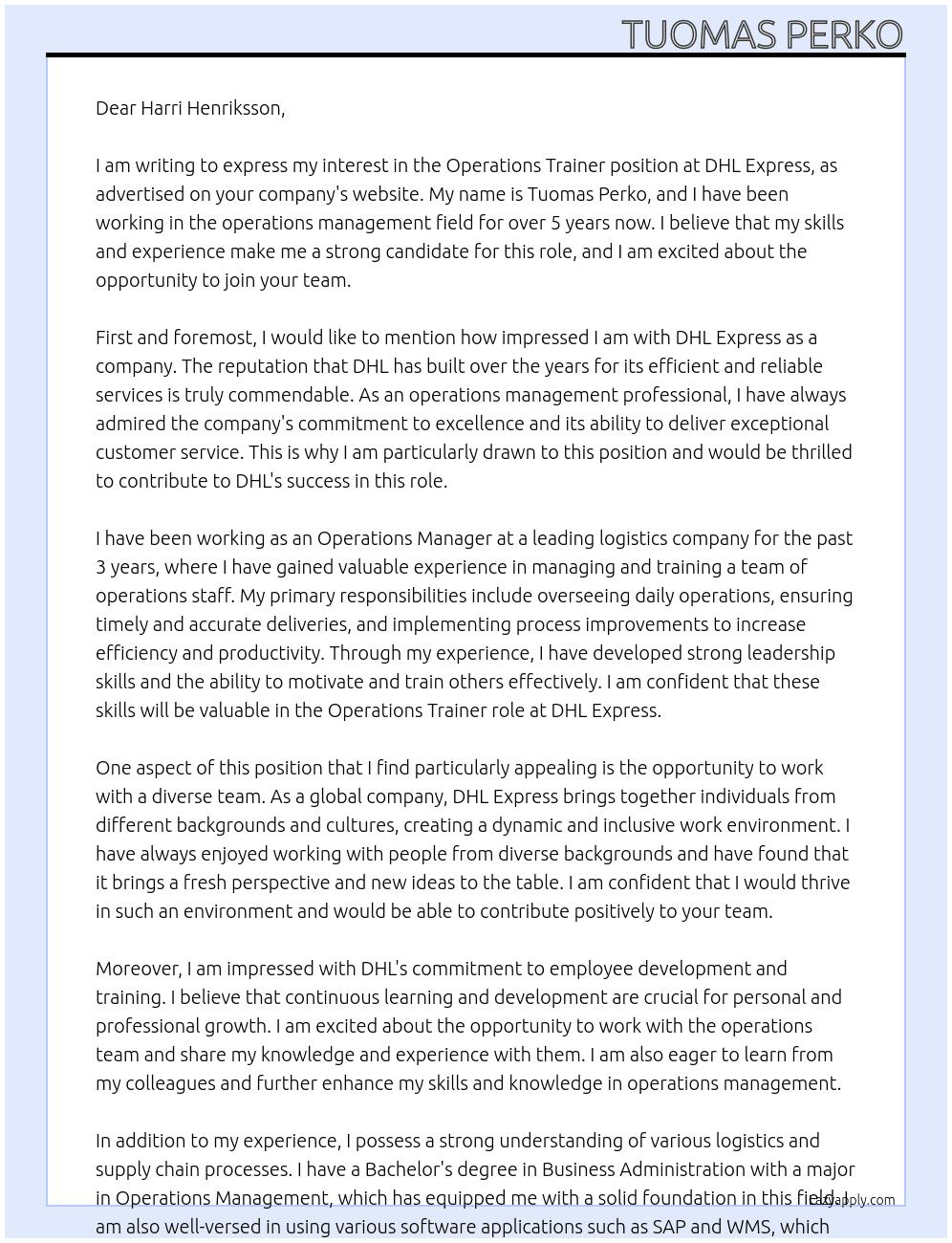 Operations Trainer At DHL Express Cover Letter
