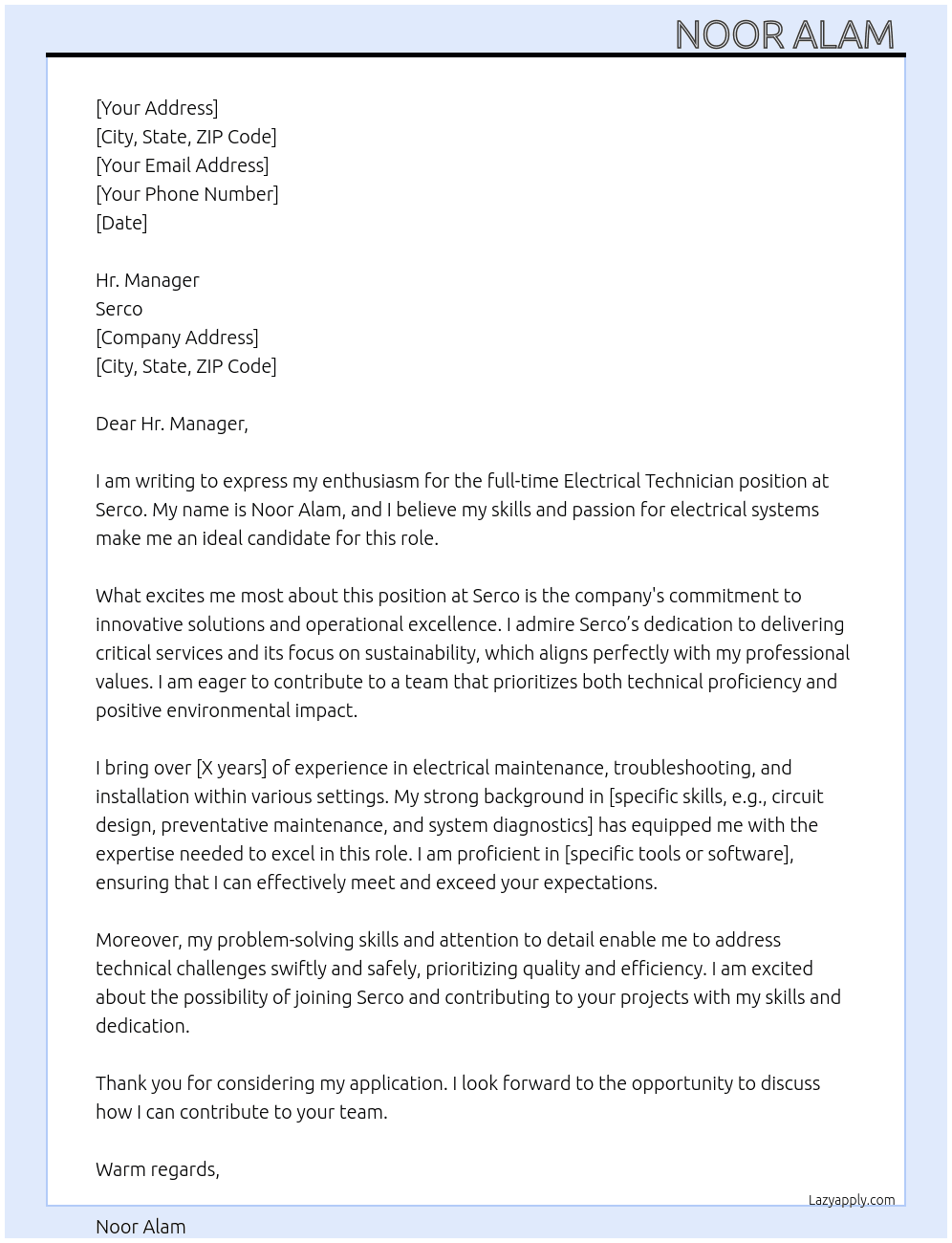 Electrical technician  At Serco Cover Letter